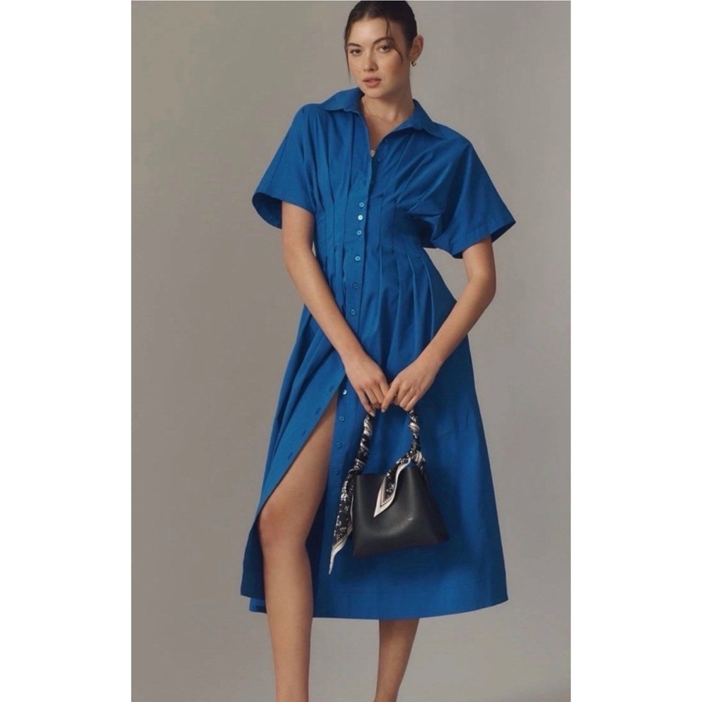 Exquise Tobie Midi Dress Imperial Blue Pleated Button Down Shirt Dress 2X